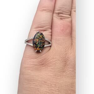 Black Opal Syle Multicolor Gemstone Sterling Silver 925 Split Band Vintage Style